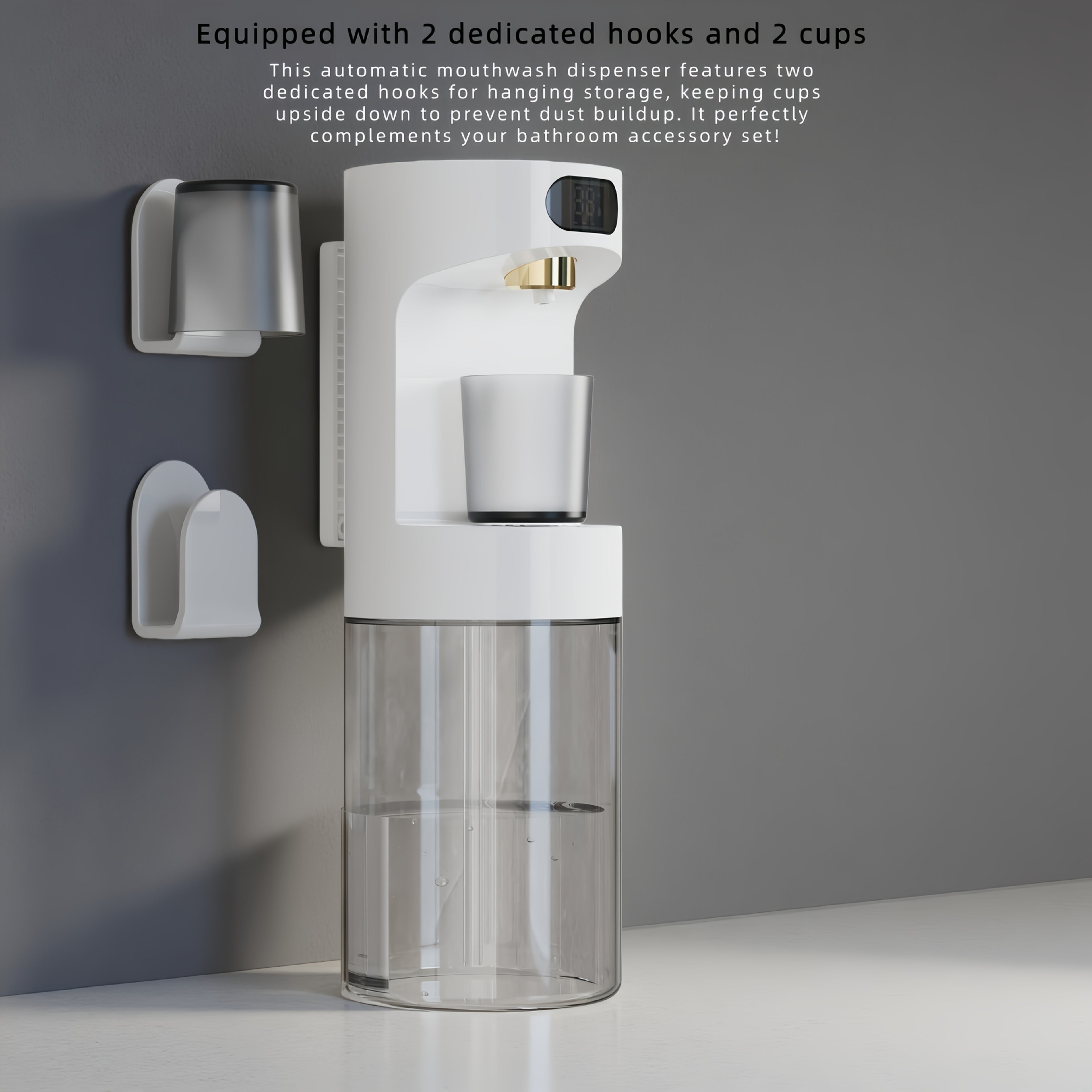 Automatski pametni dozator za ispiranje usta, bezkontaktna magnetska kontrola protoka na 4 nivoa, veliki kapacitet 600ml/21.12oz, zidni dizajn bez potrebe za bušenjem, idealan za čuvanje svih vrsta kupatilskih potrepština
