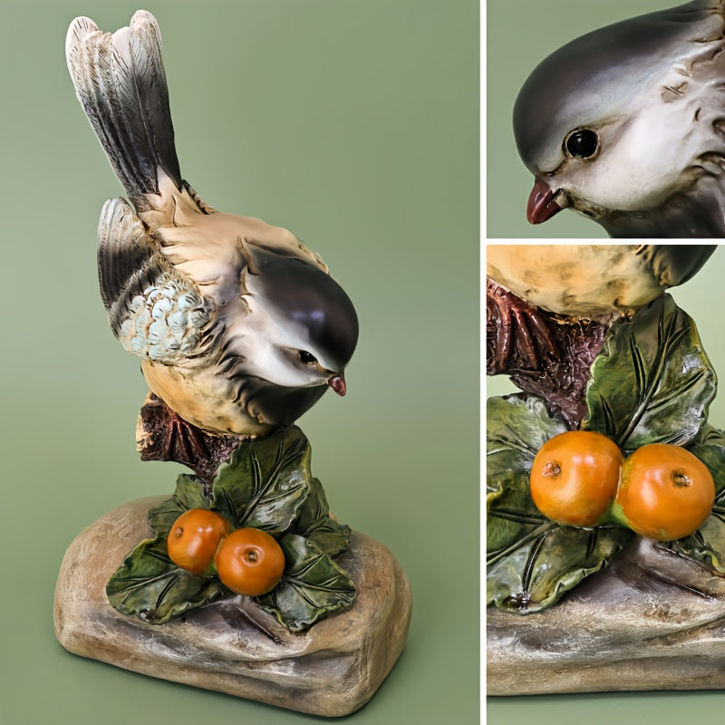Handcrafted Artisan Resin Rock Base Bird Statue Specimen, Animal Lover's Desktop Decorative Collectible for Harvest Festival Classroom Props with Wooden Stake-Like Stand. Ideal Gift and Home Décor Piece for Living Room, Office, or Study