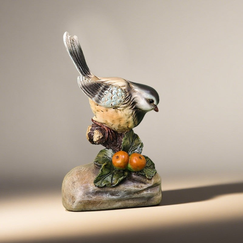 Handcrafted Artisan Resin Rock Base Bird Statue Specimen, Animal Lover's Desktop Decorative Collectible for Harvest Festival Classroom Props with Wooden Stake-Like Stand. Ideal Gift and Home Décor Piece for Living Room, Office, or Study