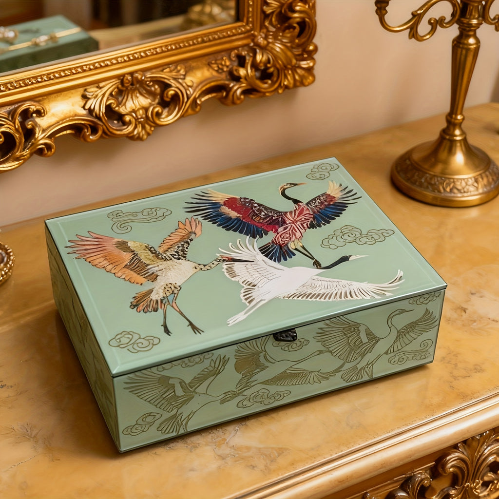 Medium/Large Auspicious Clouds and Cranes Painted Dustproof Box, High-Transparency Glass Jewelry Box, Stylish Chinese-Style Desktop Ornament, Premium Multi-Functional Dustproof and Storage Box, Holiday Gift Box, Jewelry Boxes