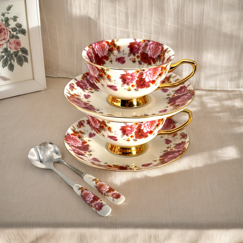 2 Set Roze Cvetni Keramički Šolja i Tacna sa Zlatnim Detaljima, Uključuje 2 Kašike & 1 Metalni Stalak - 7Oz Romantična Vintage Šolja za Čaj, Elegantan Poklon za Majčin Dan, Dan Zaljubljenih za Nju, Ženu, Maminu