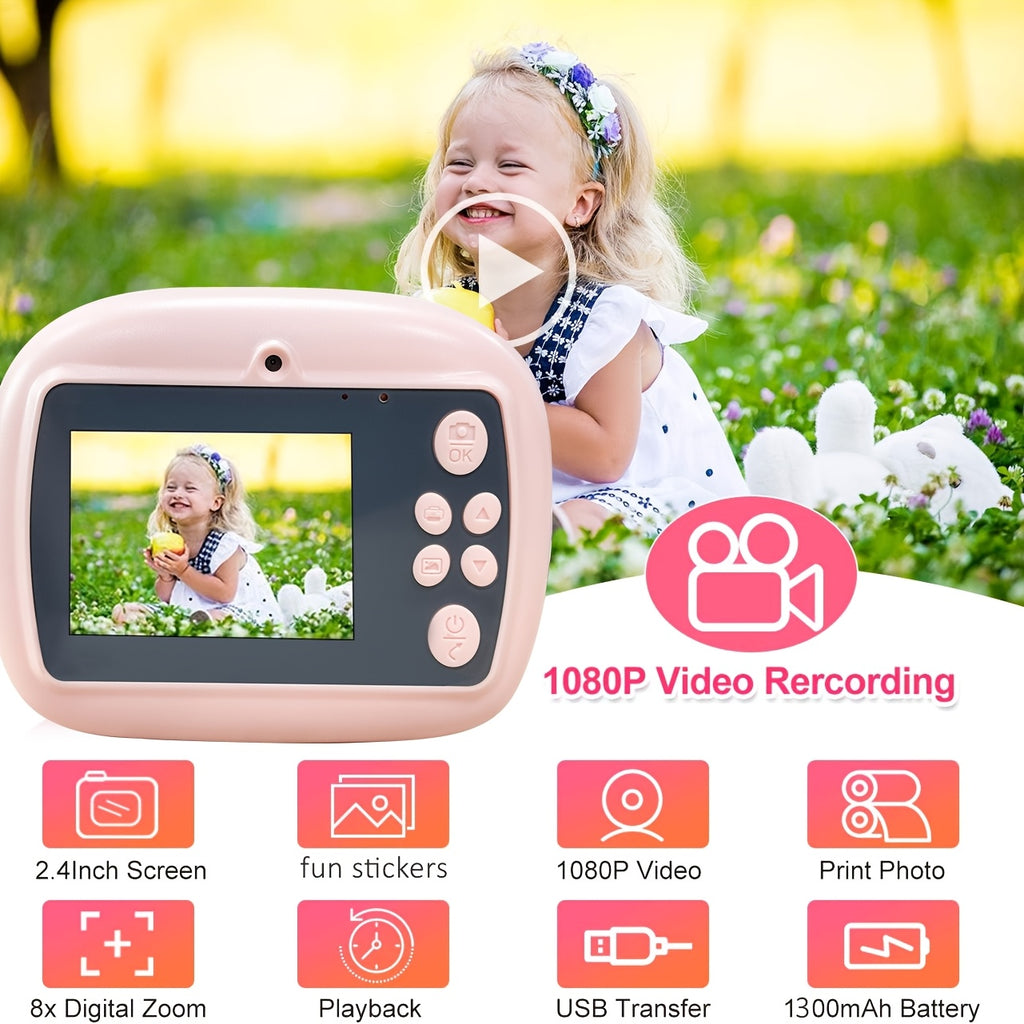 Dečiji fotoaparat za trenutni štampanje 5-u-1 - Odmah štampa fotografije, ima funkciju velike foto-budke, mini-igre, 8x digitalni zum, 1080P HD ekran, fotografija - Uključuje USB kabl, traku za nošenje i tri rolne papira za štampanje - Savršen poklon za N