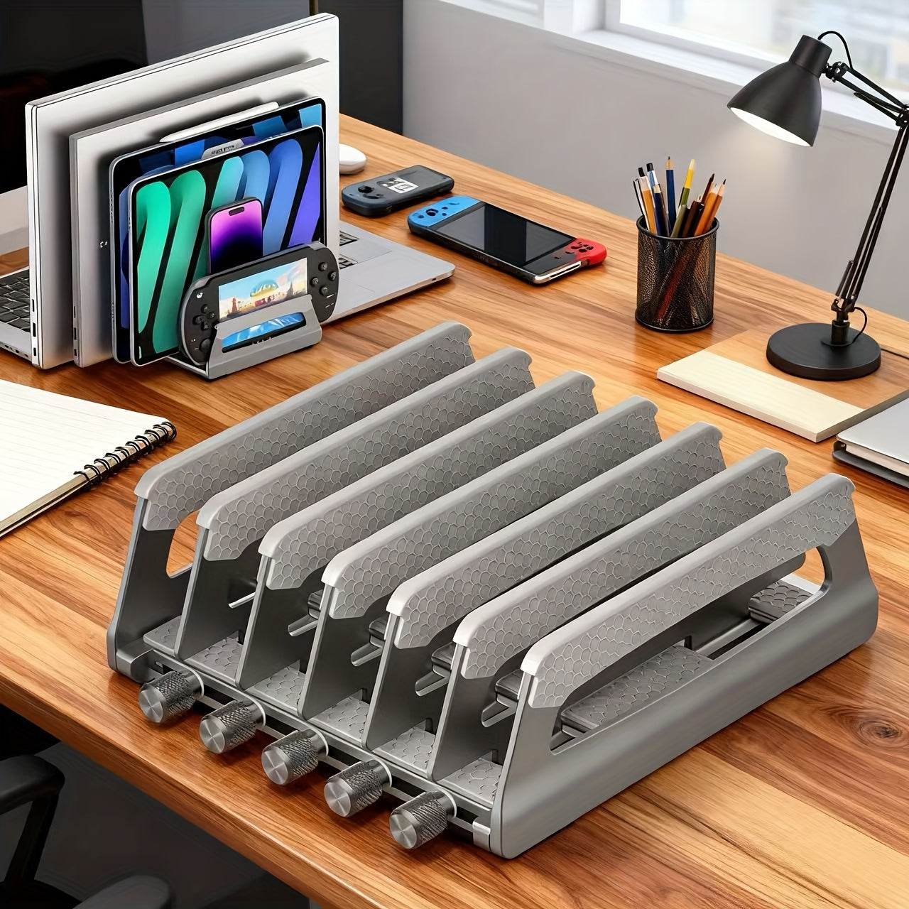 6-Slot Desktop Vertical Laptop Organizer Stand, Adjustable Base Suitable for Laptops, Ipads, Phones, And Study Machines