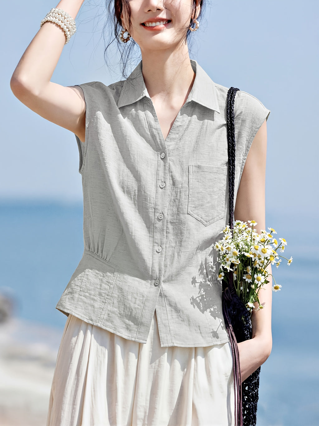 XWI a Summer New Style Women'S Shirt [Three-Quarter Sleeves Light Oxygen Commuting] Daily Commuting Office Wear Spring Summer Women'S New Style Three-Quarter Sleeves Three-Dimensional Lapel Pleated Waist-Cinching Shirt