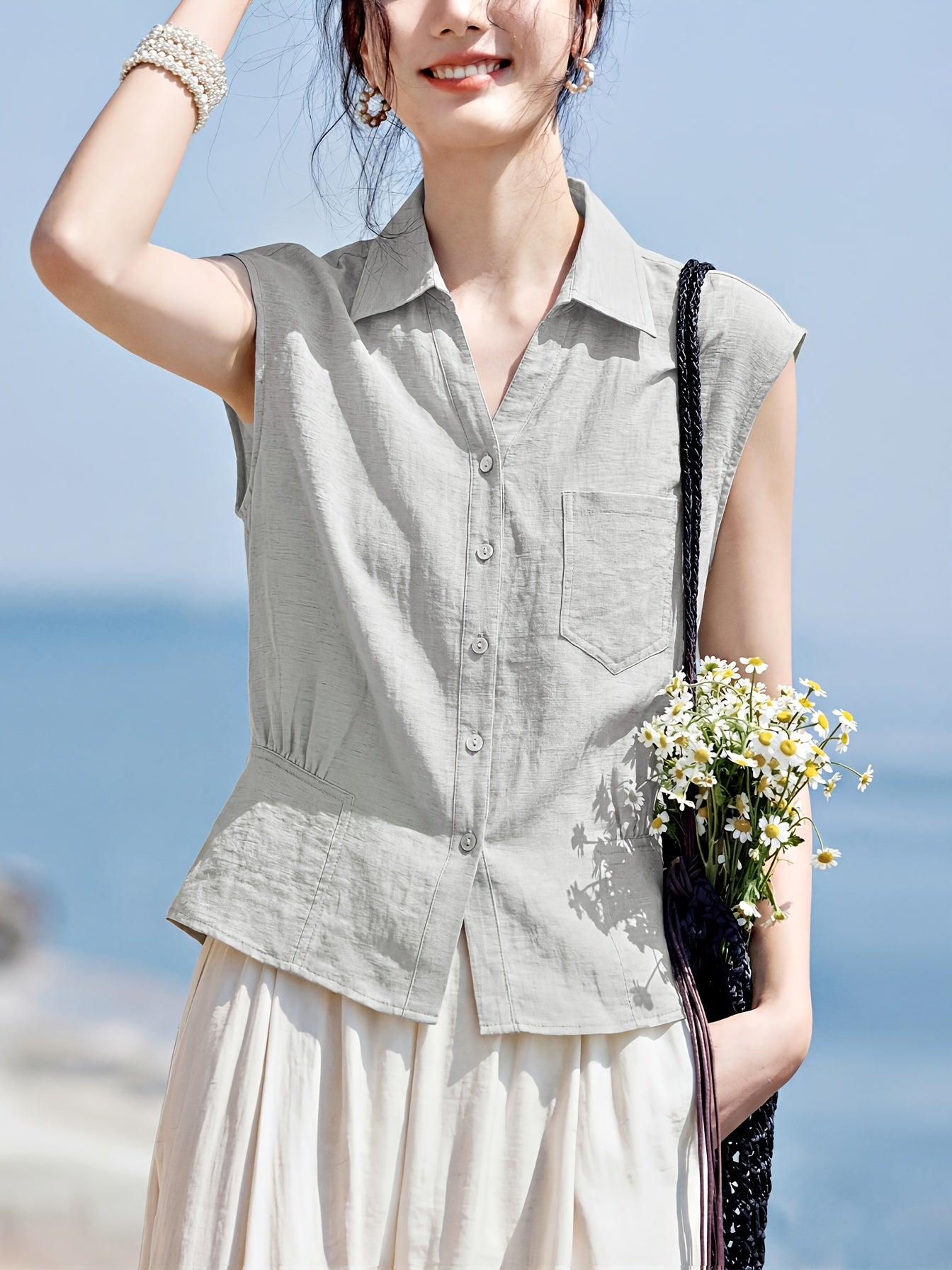 XWI a Summer New Style Women'S Shirt [Three-Quarter Sleeves Light Oxygen Commuting] Daily Commuting Office Wear Spring Summer Women'S New Style Three-Quarter Sleeves Three-Dimensional Lapel Pleated Waist-Cinching Shirt