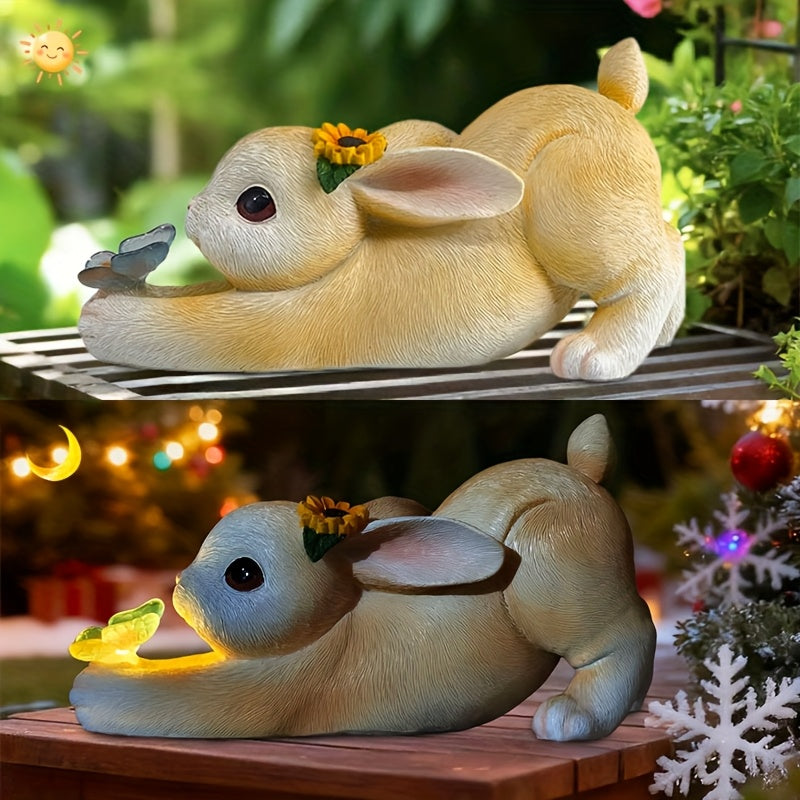 A decoration rabbit statue decoration with solar butterfly light, villa lawn decoration garden rabbit statue ornament, suitable for courtyard, balcony, yard, lawn decoration - unique housewarming gift