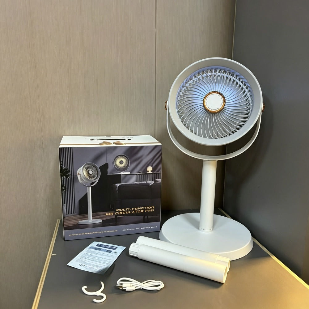 2026 New Rechargeable Air Circulator Fan, 5-Speed Adjustable Silent Floor Fan with Built-In Warm Light Night Light, 360° Rotatable And Height Adjustable, Dual Use for Hanging And Tabletop, Suitable for Bedroom, Office, And Outdoor Camping