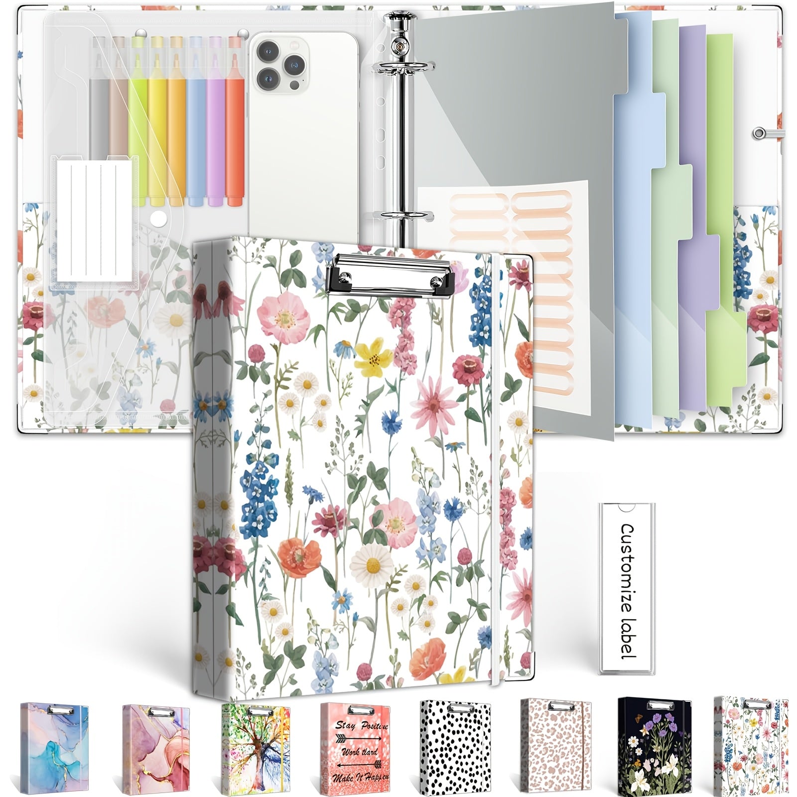A4 Fascikla sa 3 rupe za slikanje mastilom, Floral Ring Clipboard fascikla, pogodna za papir formata Letter (21.59 X 27.94 cm), sa 5 komada pregrada za etikete i 1 kom torbe za dokumenta, za školu, kancelarijski materijal, recepte, note