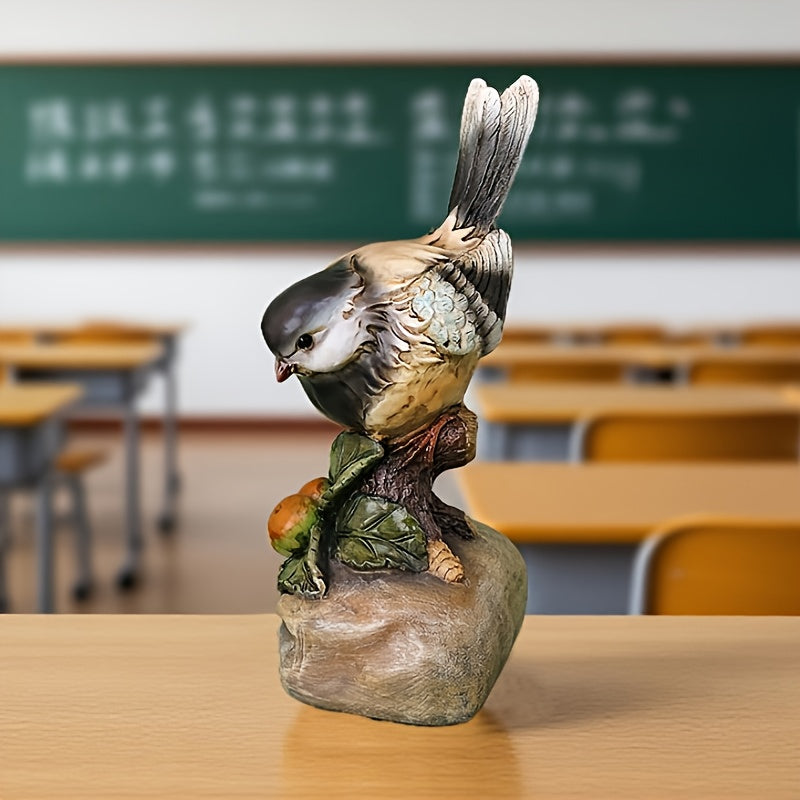 Handcrafted Artisan Resin Rock Base Bird Statue Specimen, Animal Lover's Desktop Decorative Collectible for Harvest Festival Classroom Props with Wooden Stake-Like Stand. Ideal Gift and Home Décor Piece for Living Room, Office, or Study