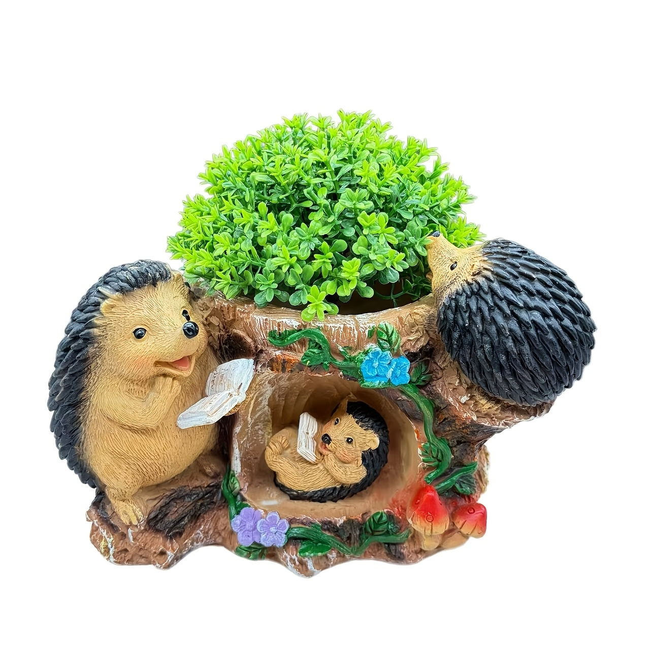 Resin Hedgehog Family Garden Statue with Flower Pot Base - Rustic Outdoor Decoration Suitable for Lawns, Courtyards, Christmas Gifts, Ground Stake Figurine for Gardens,, and Decor (Wooden Stake)