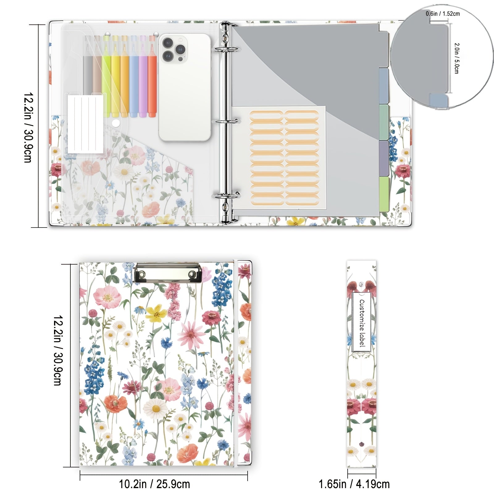 A4 Fascikla sa 3 rupe za slikanje mastilom, Floral Ring Clipboard fascikla, pogodna za papir formata Letter (21.59 X 27.94 cm), sa 5 komada pregrada za etikete i 1 kom torbe za dokumenta, za školu, kancelarijski materijal, recepte, note
